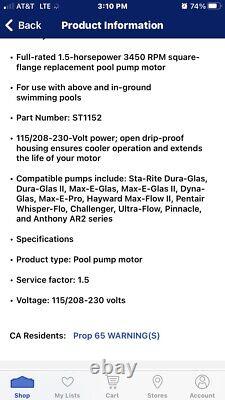 1.5 HP 3450 RPM 56J Frame 115/230V Swimming Pool Pump Motor Century # ST1152