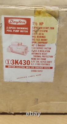 New Dayton 1-1/2 HP 2-speed Pool Motor 230 Vac 1ø 3450 RPM 56c Frame 3k430